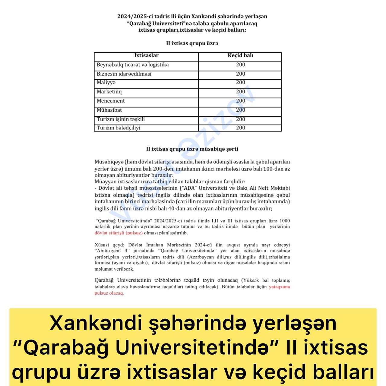 Xankəndi şəhərində yerləşən "Qarabağ Universitetində" II ixtisas qrupu üzrə ixtisaslar və keçid balları